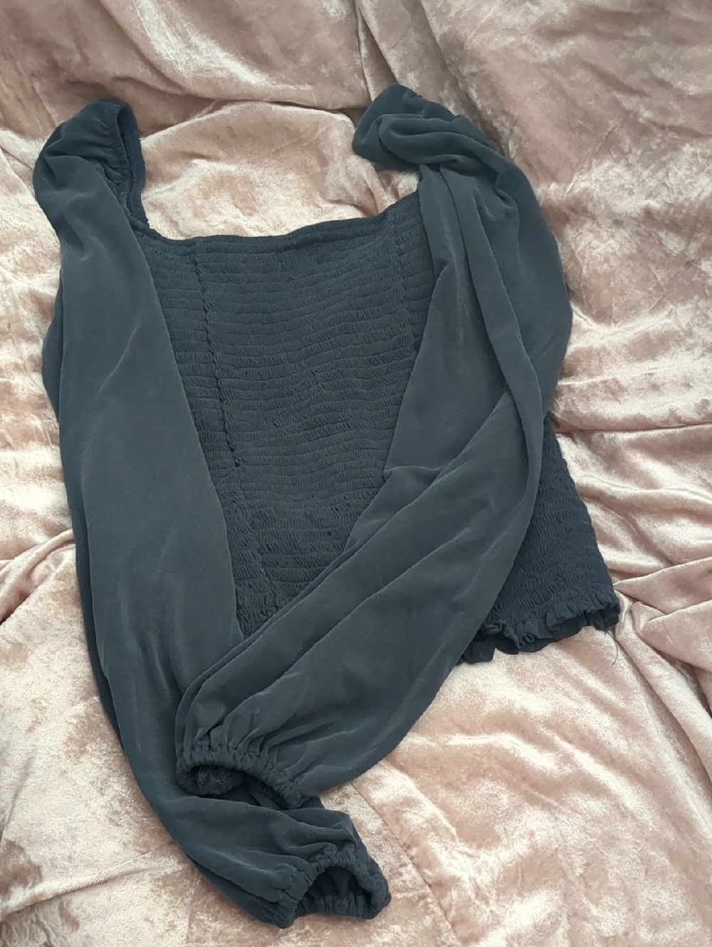Lucky Brand Grey Smocked Long Sleeve Square Neck Top